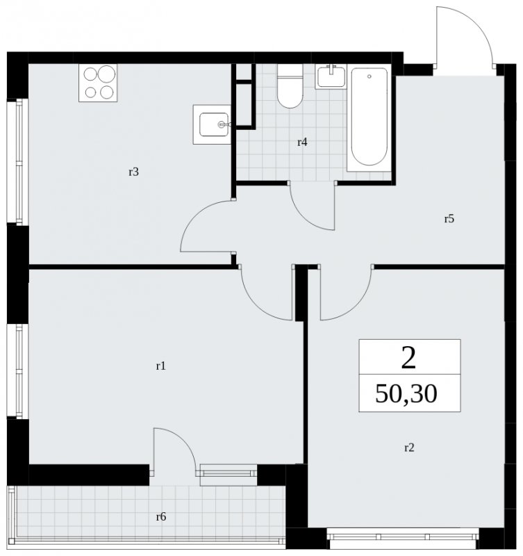 2-комнатная квартира без отделки, 50.3 м2, 6 этаж, сдача 4 квартал 2024 г., ЖК Скандинавия, корпус 36.1.2 - объявление 1801873 - фото №1