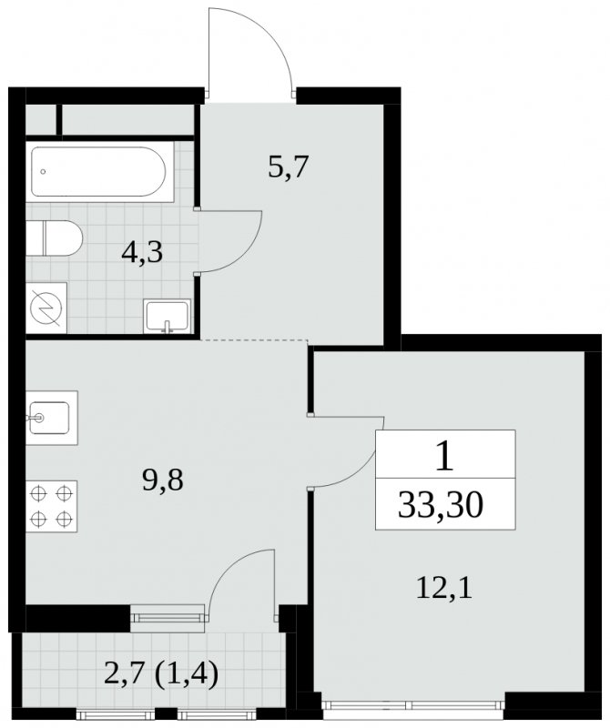 1-комнатная квартира без отделки, 33.3 м2, 11 этаж, сдача 2 квартал 2025 г., ЖК Южные сады, корпус 2.4 - объявление 1760231 - фото №1