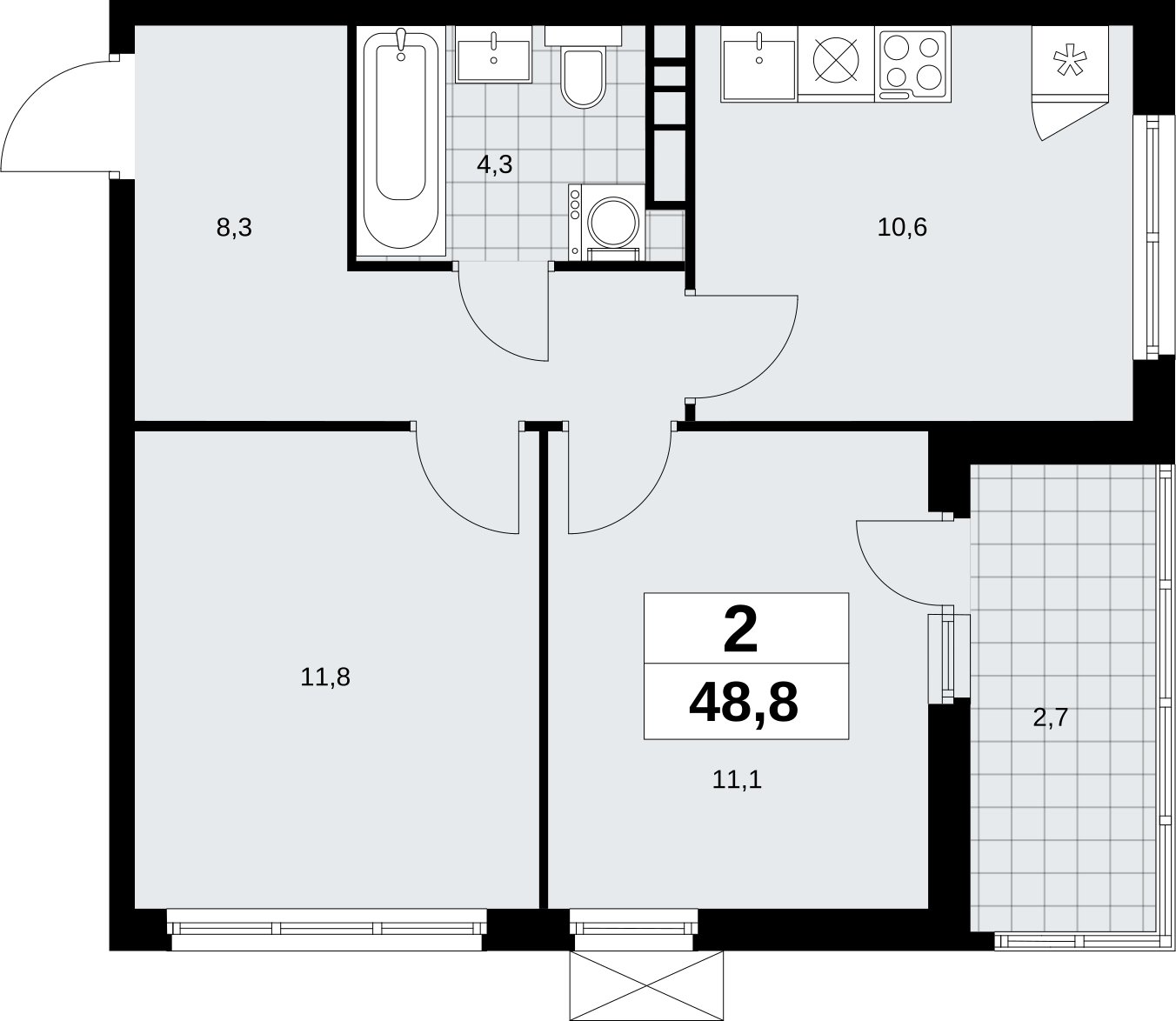 2-комнатная квартира без отделки, 48.8 м2, 4 этаж, сдача 4 квартал 2026 г., ЖК Скандинавия, корпус 2.18.1.4 - объявление 2350946 - фото №1