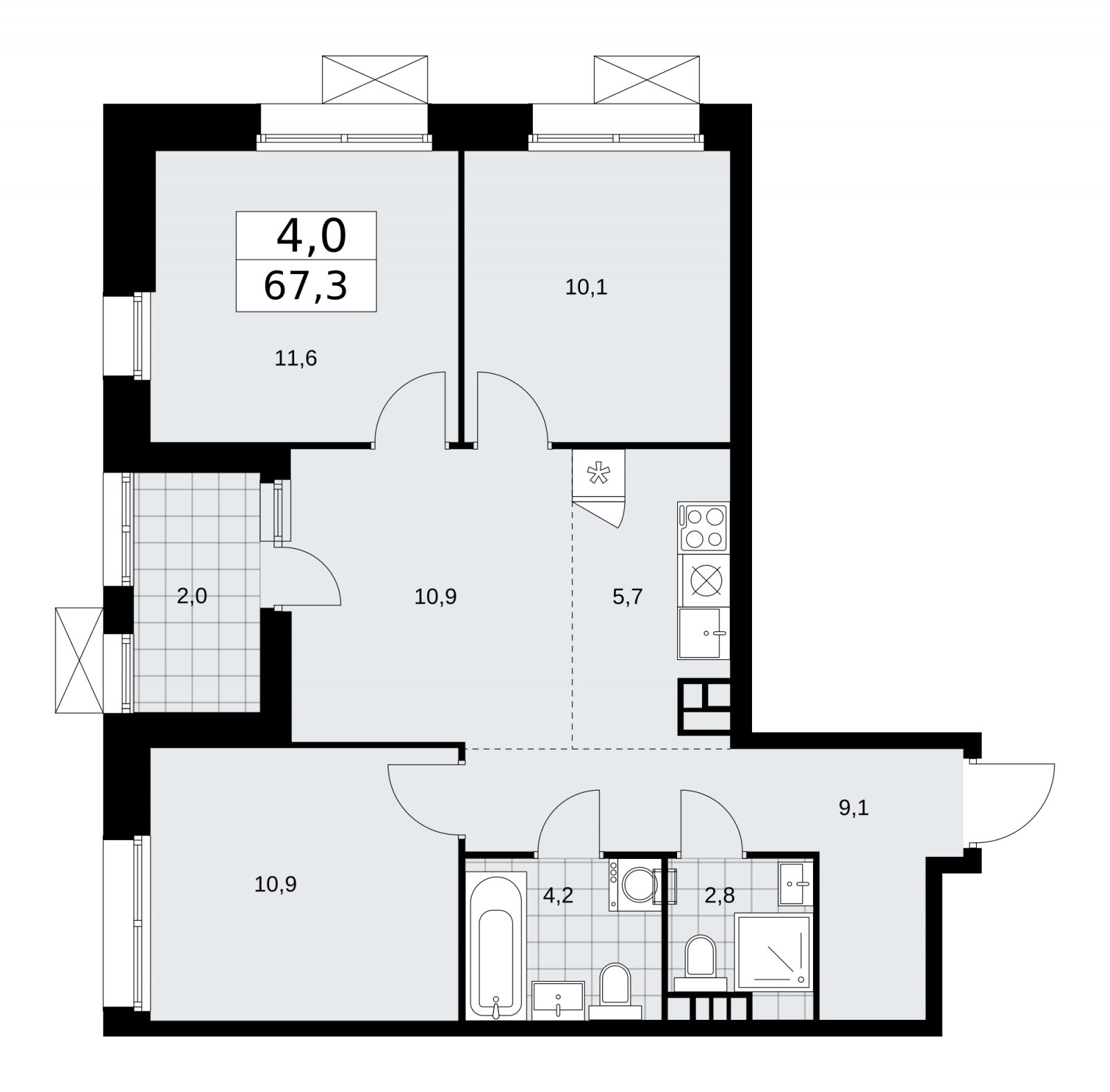 4-комнатная квартира (евро) без отделки, 67.3 м2, 4 этаж, сдача 4 квартал 2025 г., ЖК Бунинские кварталы, корпус 6.5 - объявление 2252760 - фото №1