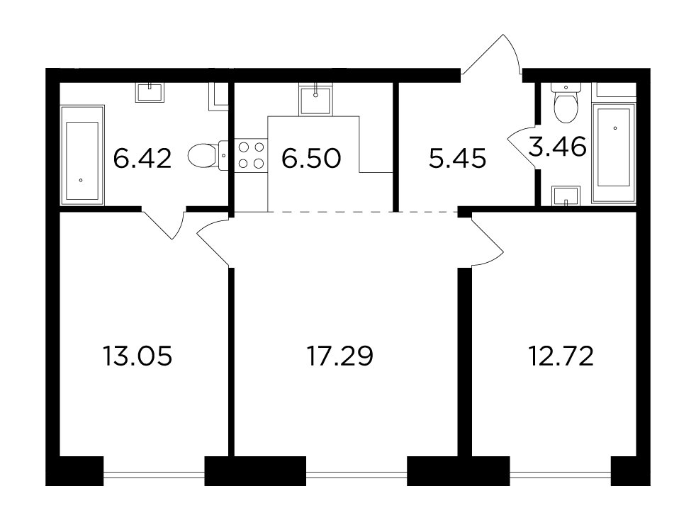 3-комнатная квартира без отделки, 64.89 м2, 14 этаж, сдача 4 квартал 2023 г., ЖК FORIVER, корпус 9 - объявление 2286544 - фото №1