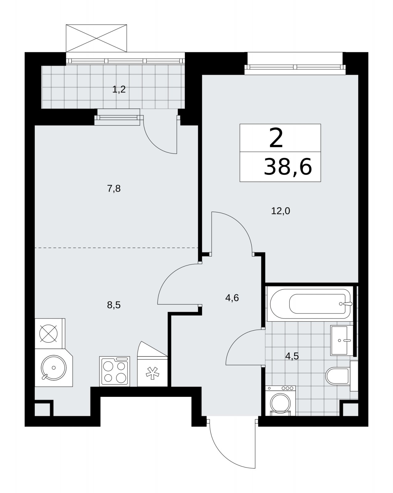 2-комнатная квартира (евро) без отделки, 38.6 м2, 2 этаж, сдача 2 квартал 2026 г., ЖК Скандинавия, корпус 25.5 - объявление 2283679 - фото №1