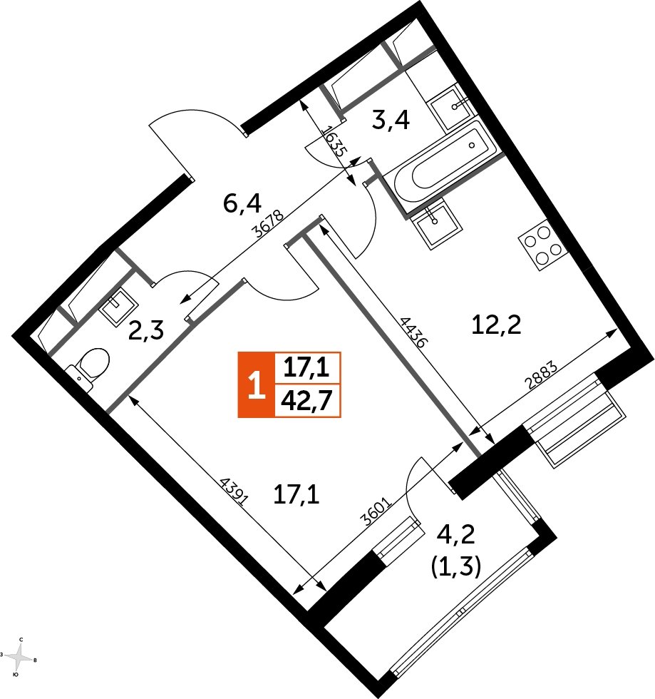 1-комнатная квартира без отделки, 42.7 м2, 8 этаж, дом сдан, ЖК UP-квартал Римский, корпус 7 - объявление 2208661 - фото №1