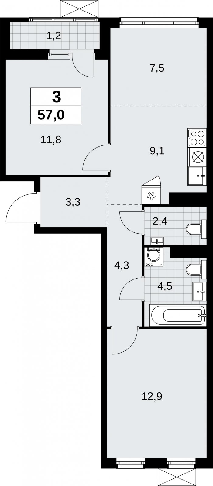 3-комнатная квартира (евро) с полной отделкой, 57 м2, 13 этаж, сдача 3 квартал 2026 г., ЖК Дзен-кварталы, корпус 6.1.3 - объявление 2327614 - фото №1