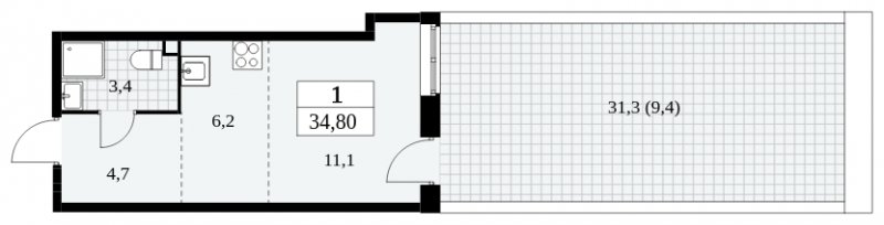 Студия с частичной отделкой, 34.8 м2, 2 этаж, сдача 3 квартал 2024 г., ЖК Прокшино, корпус 6.6 - объявление 1663441 - фото №1