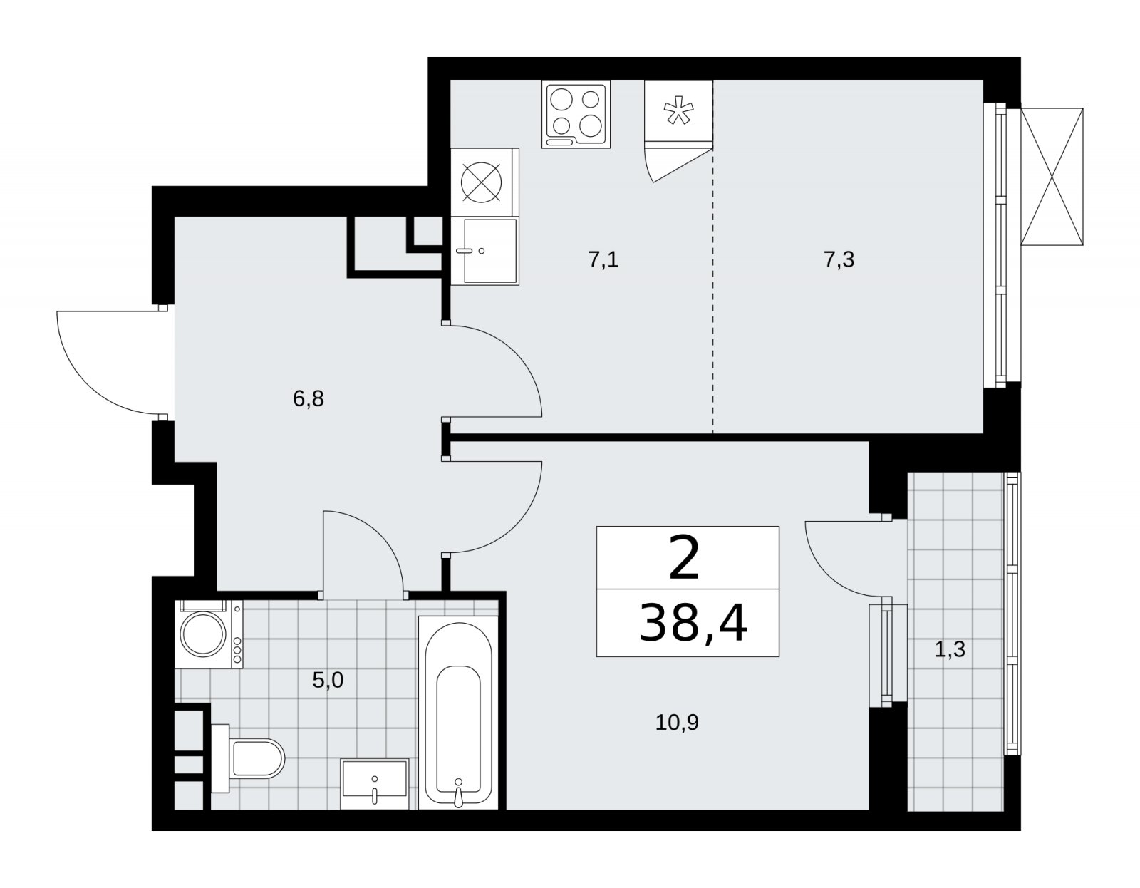 2-комнатная квартира (евро) без отделки, 38.4 м2, 9 этаж, сдача 4 квартал 2025 г., ЖК Прокшино, корпус 11.1.4 - объявление 2257611 - фото №1