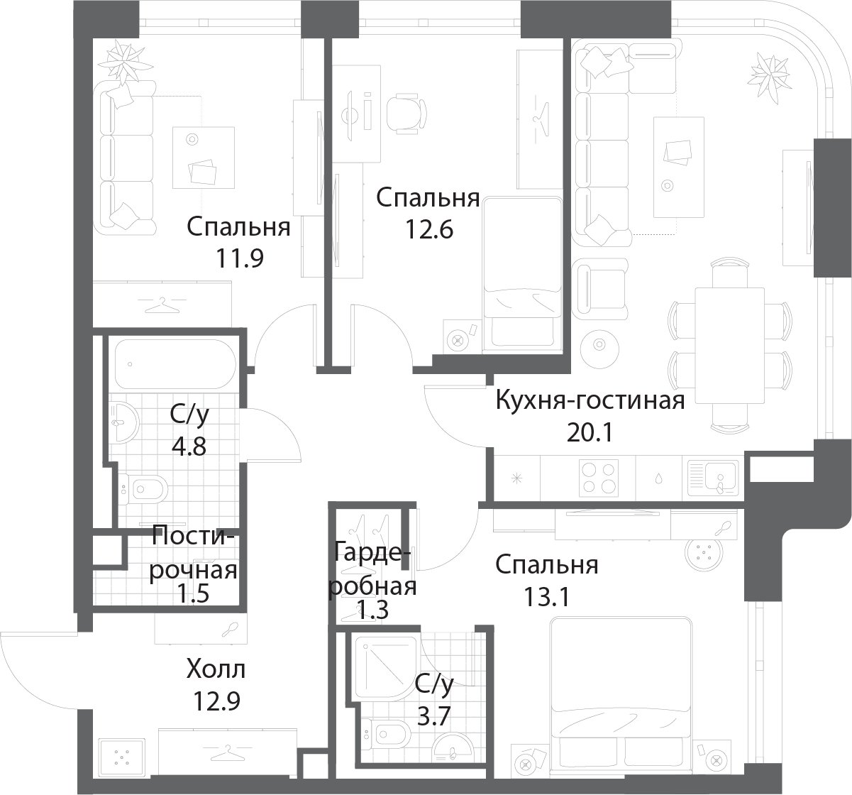 3-комнатная квартира без отделки, 81.6 м2, 4 этаж, сдача 3 квартал 2025 г., ЖК Nagatino i-Land, корпус 2 (3 очередь) - объявление 1975436 - фото №1