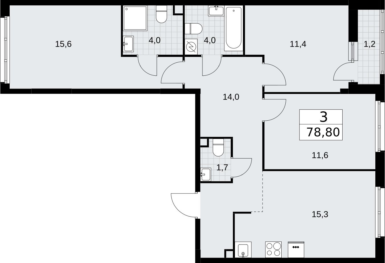 3-комнатная квартира с полной отделкой, 78.8 м2, 2 этаж, сдача 4 квартал 2026 г., ЖК Родные кварталы, корпус 3.3 - объявление 2378541 - фото №1
