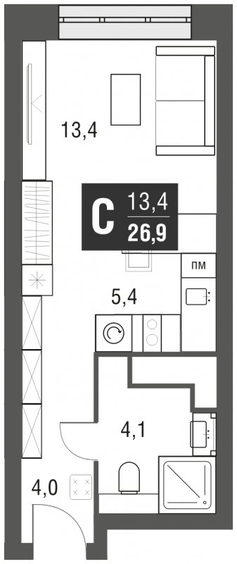Студия с полной отделкой, 26.9 м2, 32 этаж, сдача 2 квартал 2024 г., ЖК AFI Tower, корпус 1 - объявление 2205356 - фото №1