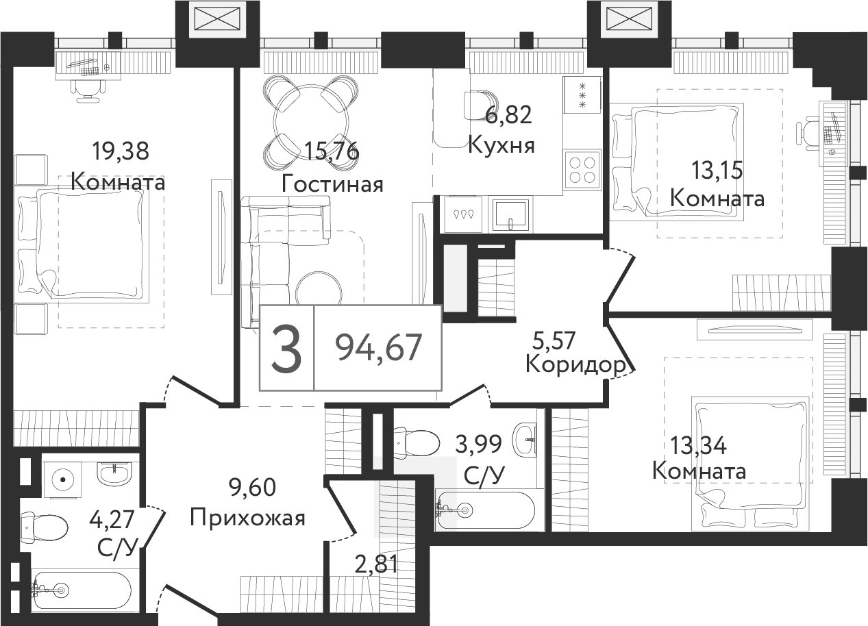 3-комнатная квартира без отделки, 97.2 м2, 2 этаж, дом сдан, ЖК Dream Towers, корпус 1 - объявление 2281367 - фото №1
