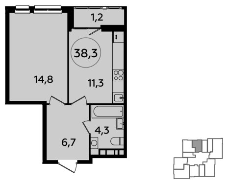 1-комнатная квартира без отделки, 38.3 м2, 13 этаж, сдача 1 квартал 2024 г., ЖК Южные сады, корпус 1.4 - объявление 1512524 - фото №1