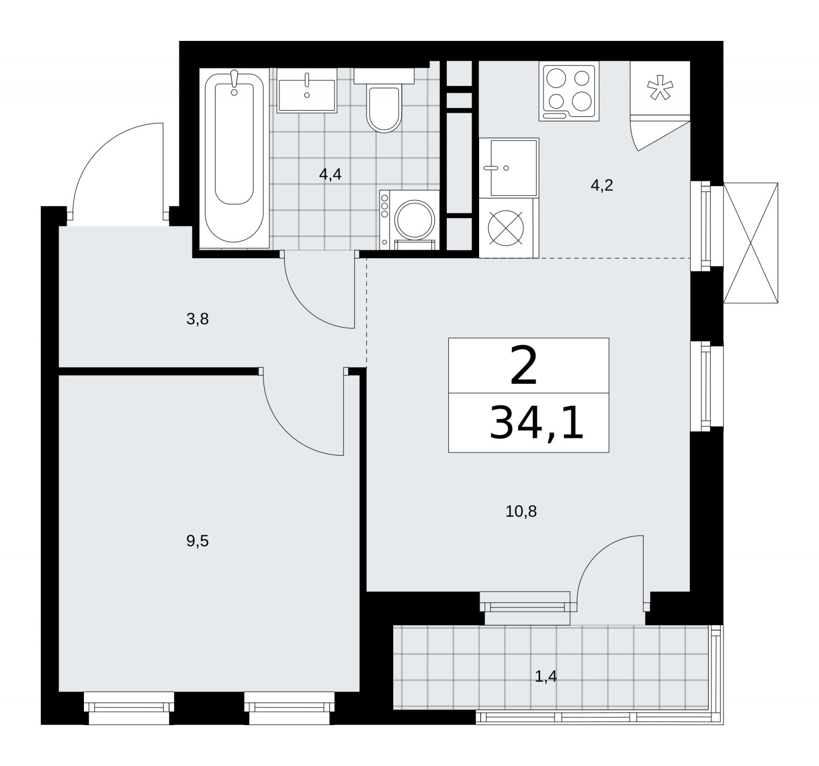 2-комнатная квартира (евро) без отделки, 34.1 м2, 10 этаж, сдача 4 квартал 2025 г., ЖК Прокшино, корпус 11.1.4 - объявление 2257826 - фото №1