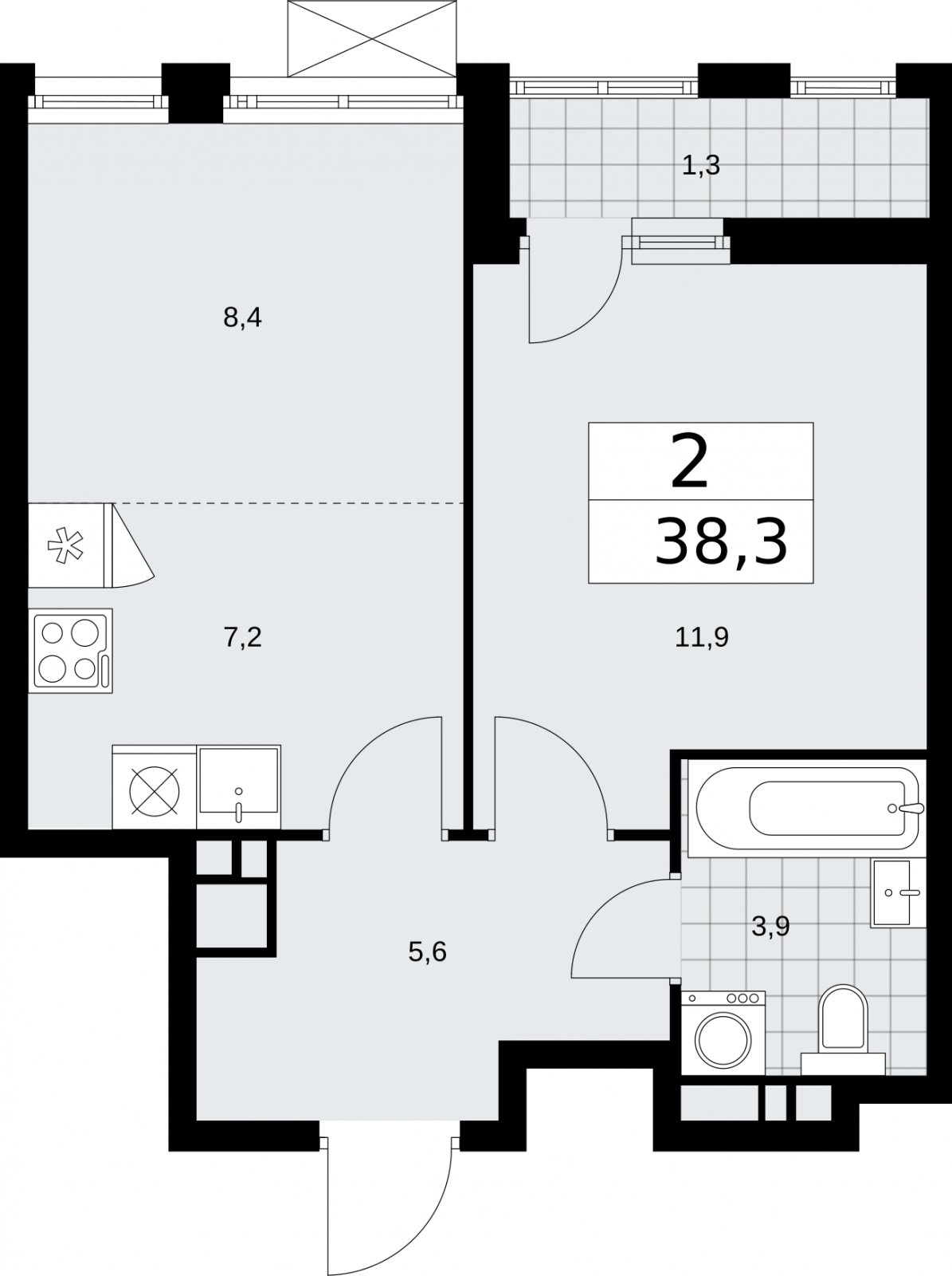 2-комнатная квартира (евро) с частичной отделкой, 38.3 м2, 13 этаж, сдача 2 квартал 2026 г., ЖК Бунинские кварталы, корпус 5.1 - объявление 2297066 - фото №1