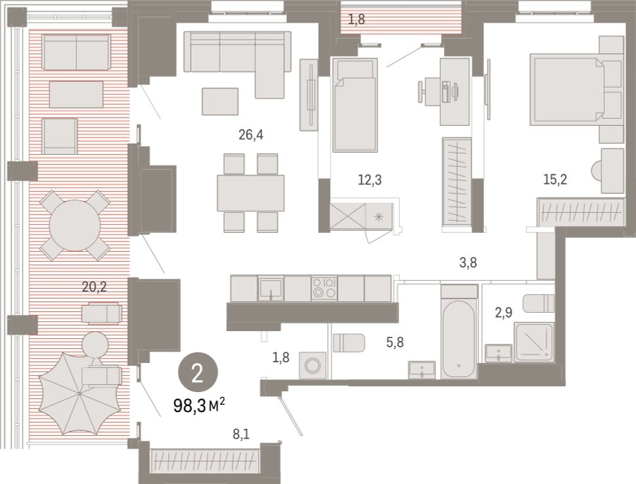 2-комнатная квартира с частичной отделкой, 99.7 м2, 14 этаж, сдача 3 квартал 2026 г., ЖК Квартал Метроном, корпус 1 - объявление 2300647 - фото №1