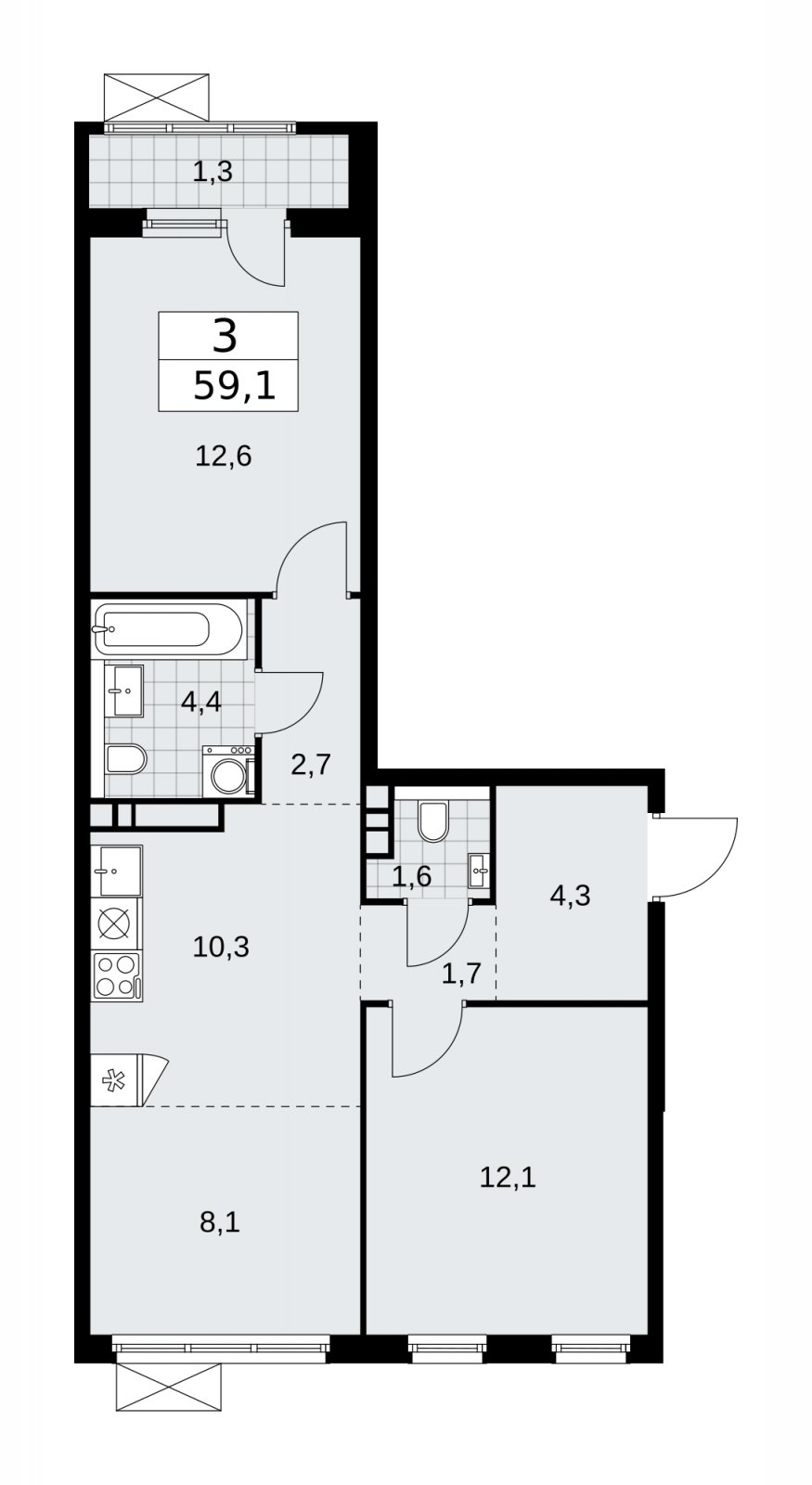 3-комнатная квартира (евро) без отделки, 59.1 м2, 8 этаж, сдача 1 квартал 2026 г., ЖК Прокшино, корпус 11.2.1 - объявление 2269863 - фото №1