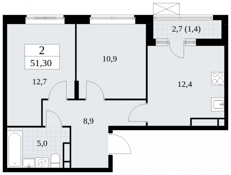 2-комнатная квартира без отделки, 51.3 м2, 14 этаж, сдача 1 квартал 2025 г., ЖК Прокшино, корпус 5.1.3 - объявление 1810933 - фото №1