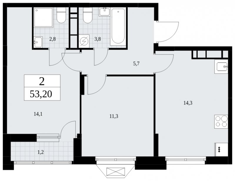 2-комнатная квартира без отделки, 53.2 м2, 16 этаж, сдача 1 квартал 2025 г., ЖК Бунинские кварталы, корпус 1.3 - объявление 1834911 - фото №1