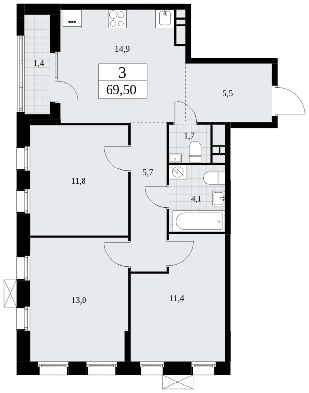 3-комнатная квартира без отделки, 69.5 м2, 8 этаж, сдача 1 квартал 2025 г., ЖК Дзен-кварталы, корпус 1.3 - объявление 1895959 - фото №1