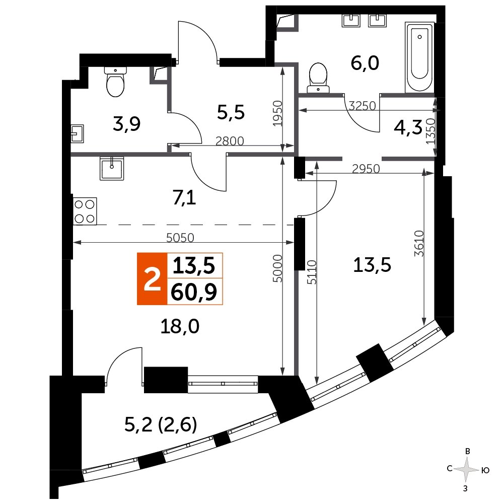 1-комнатная квартира с частичной отделкой, 60.9 м2, 16 этаж, сдача 3 квартал 2024 г., ЖК Sydney City, корпус 2.2 - объявление 2244294 - фото №1