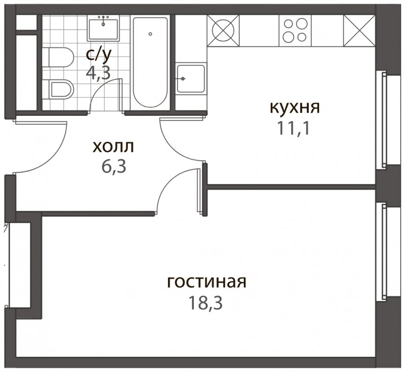1-комнатная квартира без отделки, 40 м2, 9 этаж, дом сдан, ЖК HomeCity, корпус 3 - объявление 1576692 - фото №1