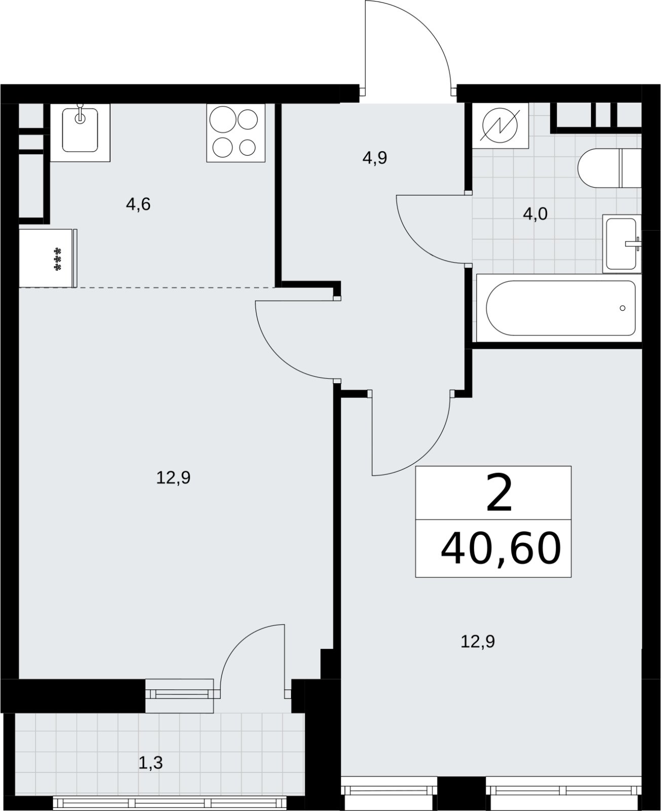 2-комнатная квартира (евро) с полной отделкой, 40.6 м2, 9 этаж, сдача 4 квартал 2026 г., ЖК Родные кварталы, корпус 3.3 - объявление 2378533 - фото №1