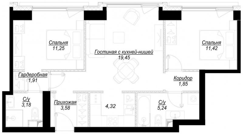 2-комнатная квартира с частичной отделкой, 62.2 м2, 10 этаж, сдача 1 квартал 2023 г., ЖК Hide, корпус RiverSide - объявление 1707074 - фото №1