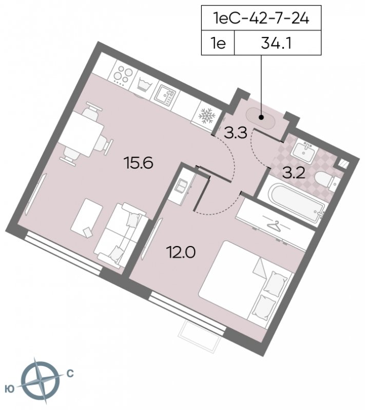 1-комнатная квартира с полной отделкой, 34.1 м2, 15 этаж, сдача 3 квартал 2024 г., ЖК Лучи, корпус 15 - объявление 1943522 - фото №1