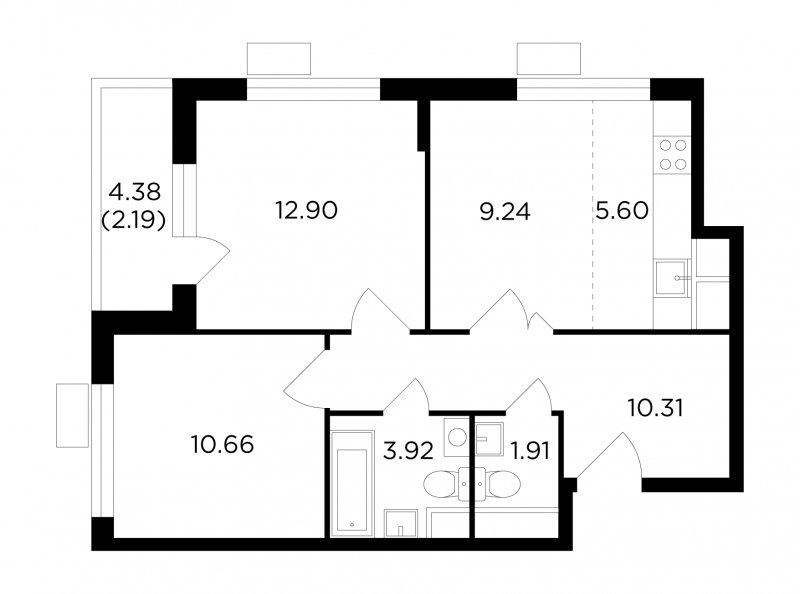 3-комнатная квартира без отделки, 56.73 м2, 8 этаж, сдача 4 квартал 2022 г., ЖК VESNA, корпус 2 - объявление 1747936 - фото №1