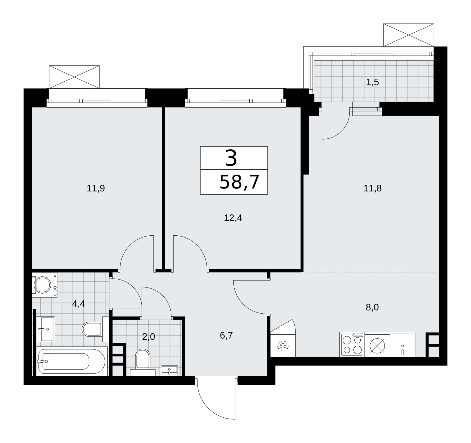 3-комнатная квартира (евро) с частичной отделкой, 58.7 м2, 3 этаж, сдача 2 квартал 2026 г., ЖК Скандинавия, корпус 25.1 - объявление 2283327 - фото №1