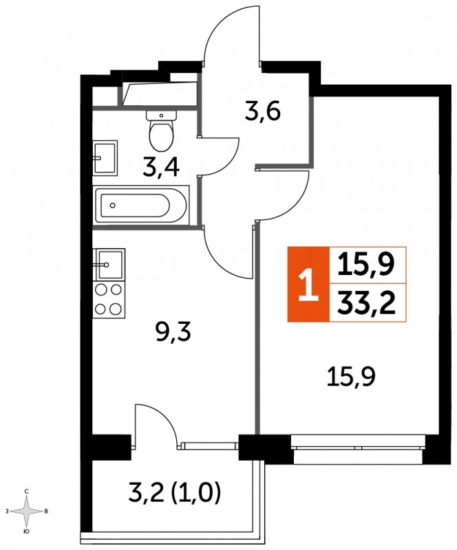 1-комнатная квартира без отделки, 33.2 м2, 19 этаж, сдача 4 квартал 2023 г., ЖК Датский квартал, корпус 2 - объявление 1660955 - фото №1