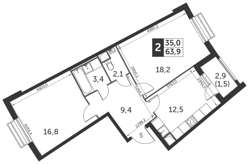 2-комнатная квартира без отделки, 63.9 м2, 1 этаж, сдача 3 квартал 2023 г., ЖК UP-квартал Римский, корпус 7 - объявление 1329266 - фото №1