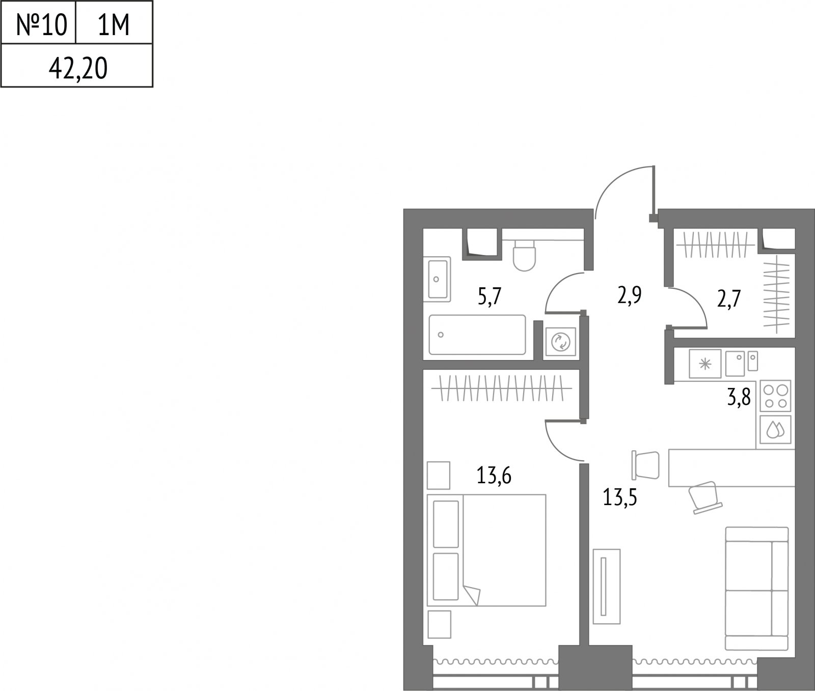 1-комнатная квартира без отделки, 41.9 м2, 13 этаж, сдача 2 квартал 2026 г., ЖК Upside Towers, корпус 1 - объявление 2057055 - фото №1
