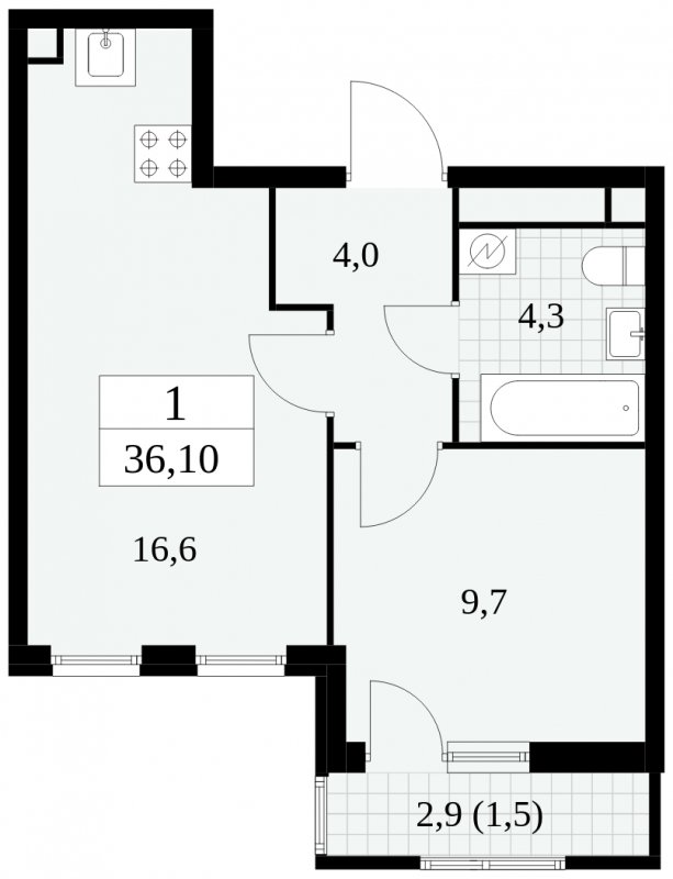 1-комнатная квартира без отделки, 36.1 м2, 3 этаж, сдача 2 квартал 2025 г., ЖК Южные сады, корпус 2.4 - объявление 1760184 - фото №1