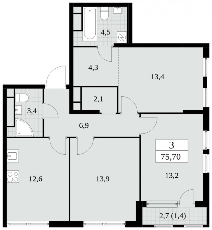 3-комнатная квартира без отделки, 75.7 м2, 18 этаж, сдача 2 квартал 2025 г., ЖК Южные сады, корпус 2.3 - объявление 1758229 - фото №1