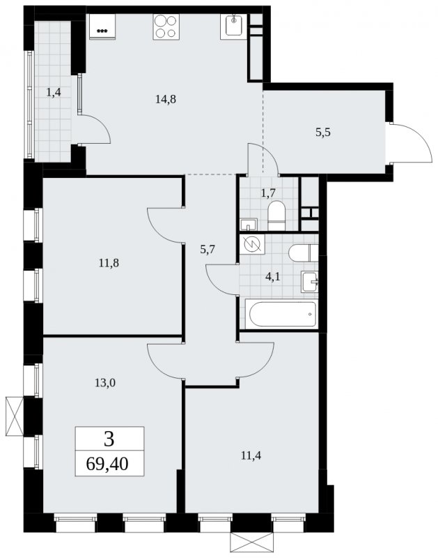 3-комнатная квартира без отделки, 69.4 м2, 15 этаж, сдача 1 квартал 2025 г., ЖК Дзен-кварталы, корпус 1.3 - объявление 1896034 - фото №1