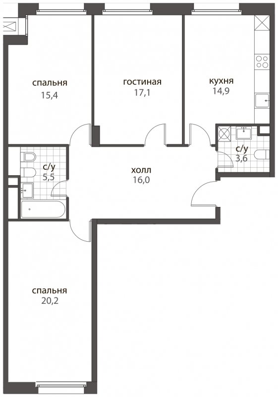 3-комнатная квартира без отделки, 92.7 м2, 2 этаж, дом сдан, ЖК HomeCity, корпус 2 - объявление 1704872 - фото №1