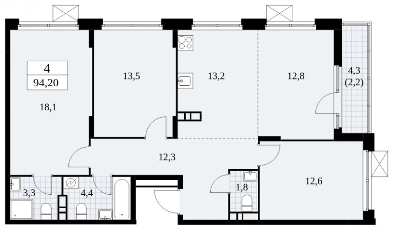 4-комнатная квартира (евро) без отделки, 94.2 м2, 4 этаж, сдача 4 квартал 2024 г., ЖК Скандинавия, корпус 2.27.5 - объявление 1840792 - фото №1