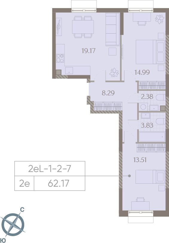 2-комнатная квартира без отделки, 62.2 м2, 5 этаж, сдача 3 квартал 2025 г., ЖК Дмитровское небо, корпус 2 - объявление 2268268 - фото №1