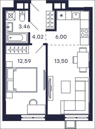 1-комнатная квартира без отделки, 39.57 м2, 14 этаж, сдача 2 квартал 2025 г., ЖК Квартал Тетрис, корпус "Квартал Тетрис 2.2" - объявление 2005433 - фото №1