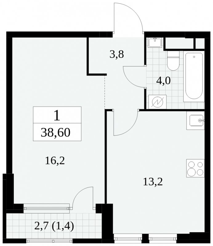 1-комнатная квартира без отделки, 38.6 м2, 8 этаж, сдача 2 квартал 2025 г., ЖК Южные сады, корпус 2.3 - объявление 1758162 - фото №1