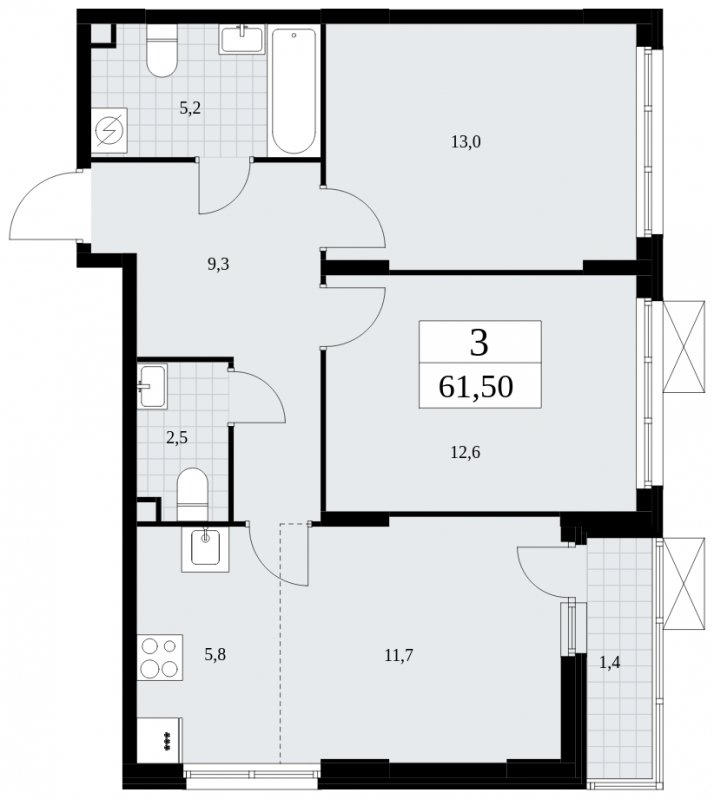 3-комнатная квартира (евро) без отделки, 61.5 м2, 2 этаж, сдача 4 квартал 2024 г., ЖК Скандинавия, корпус 35.2.2 - объявление 1841119 - фото №1