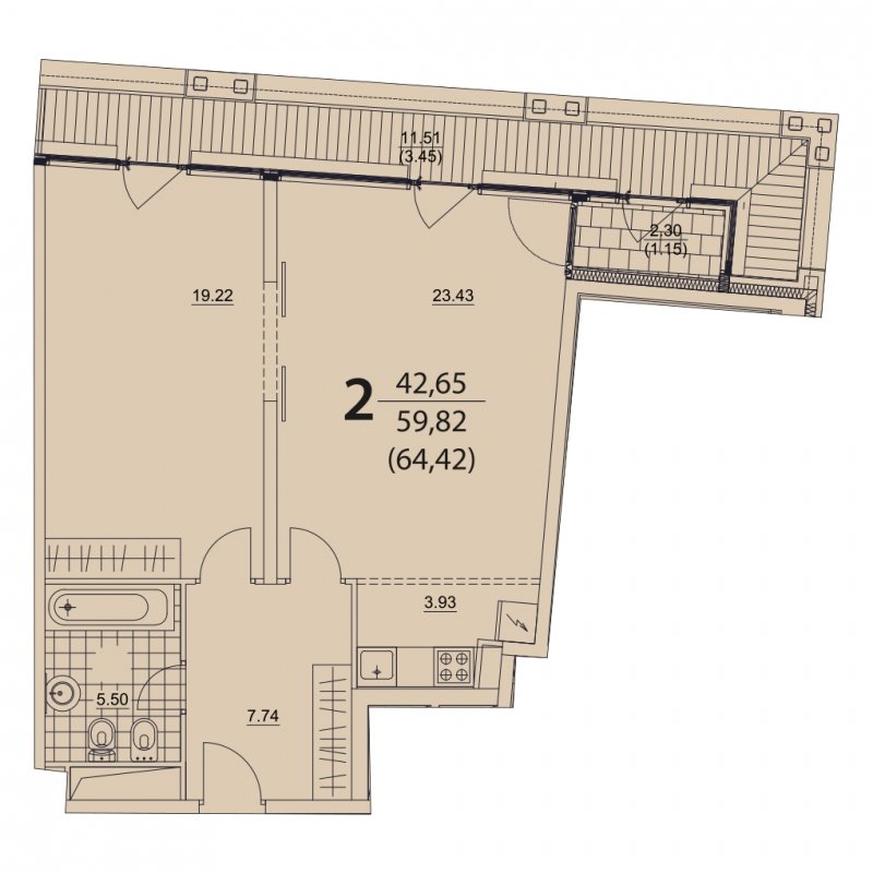 2-комнатная квартира без отделки, 64.42 м2, 23 этаж, дом сдан, ЖК Prizma, корпус 1 - объявление 1968824 - фото №1