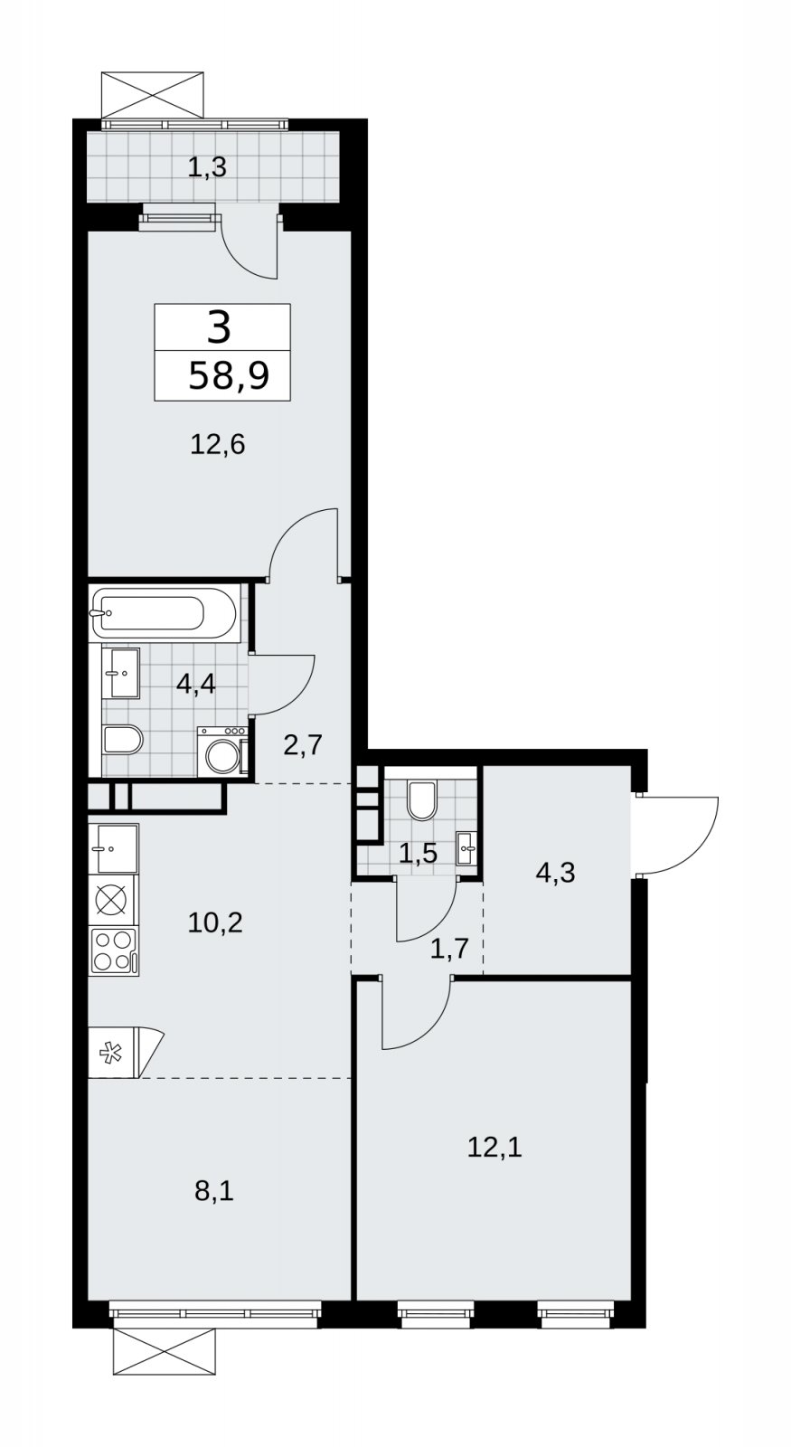 3-комнатная квартира (евро) без отделки, 58.9 м2, 11 этаж, сдача 1 квартал 2026 г., ЖК Прокшино, корпус 11.2.1 - объявление 2269878 - фото №1
