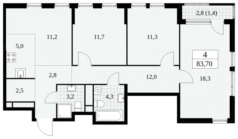 4-комнатная квартира (евро) без отделки, 83.7 м2, 8 этаж, сдача 2 квартал 2025 г., ЖК Южные сады, корпус 2.4 - объявление 1760210 - фото №1