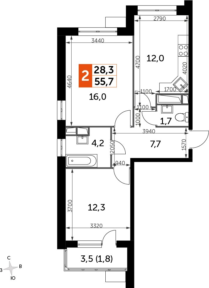 2-комнатная квартира без отделки, 55.6 м2, 19 этаж, дом сдан, ЖК Датский квартал, корпус 2 - объявление 2333511 - фото №1
