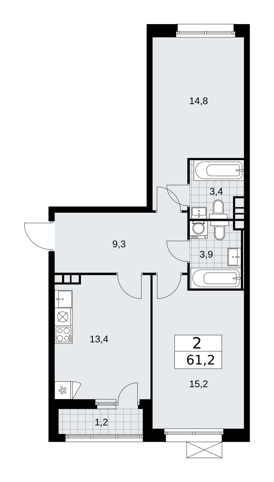 2-комнатная квартира без отделки, 61.2 м2, 4 этаж, сдача 2 квартал 2026 г., ЖК Скандинавия, корпус 25.4 - объявление 2284147 - фото №1