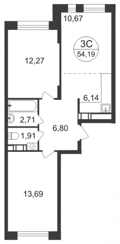 3-комнатная квартира с полной отделкой, 54.19 м2, 5 этаж, сдача 3 квартал 2023 г., ЖК Люберцы, корпус 66 - объявление 1598004 - фото №1