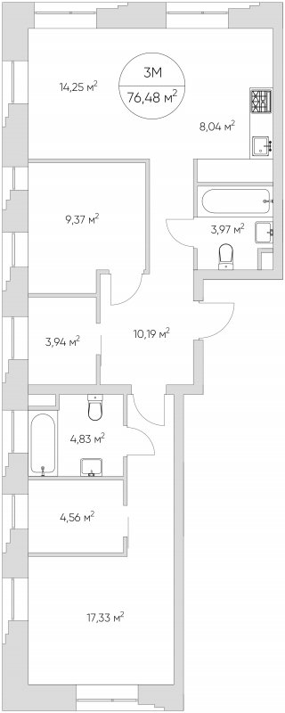 3-комнатные апартаменты без отделки, 76.48 м2, 6 этаж, сдача 1 квартал 2024 г., ЖК N'ICE LOFT, корпус 2 - объявление 1615354 - фото №1