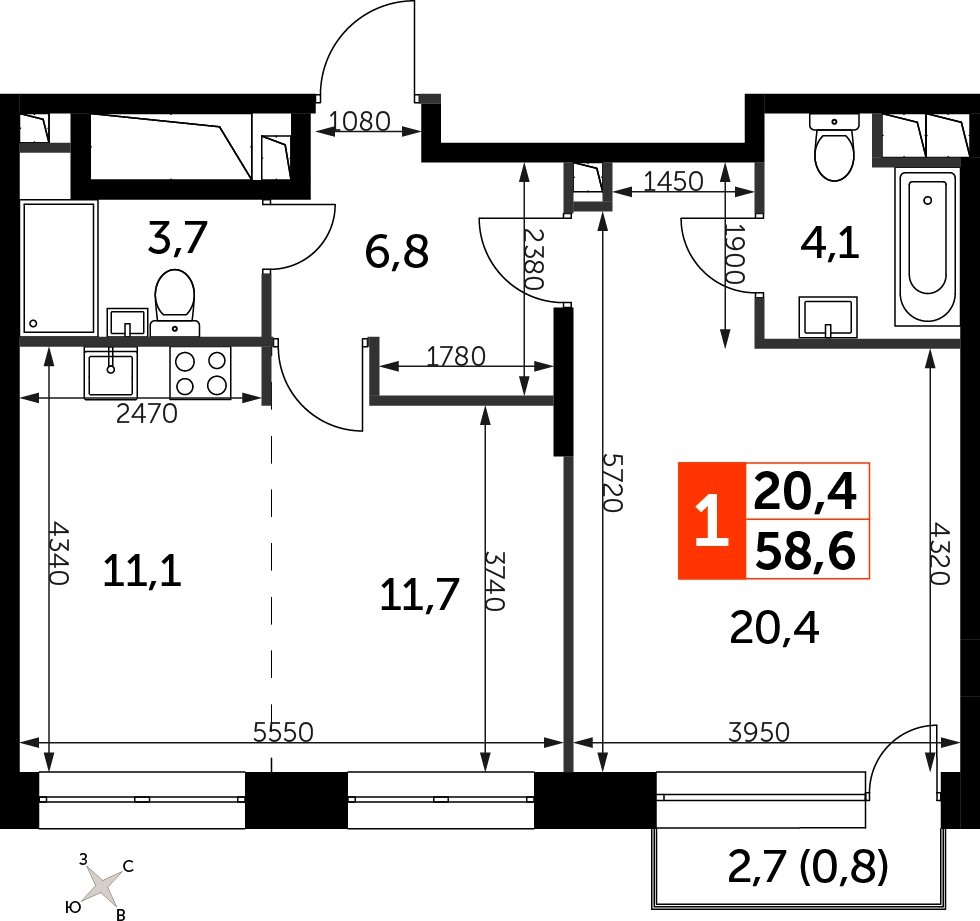 1-комнатная квартира с полной отделкой, 58.6 м2, 8 этаж, сдача 3 квартал 2024 г., ЖК Sydney City, корпус 2.1 - объявление 2207304 - фото №1