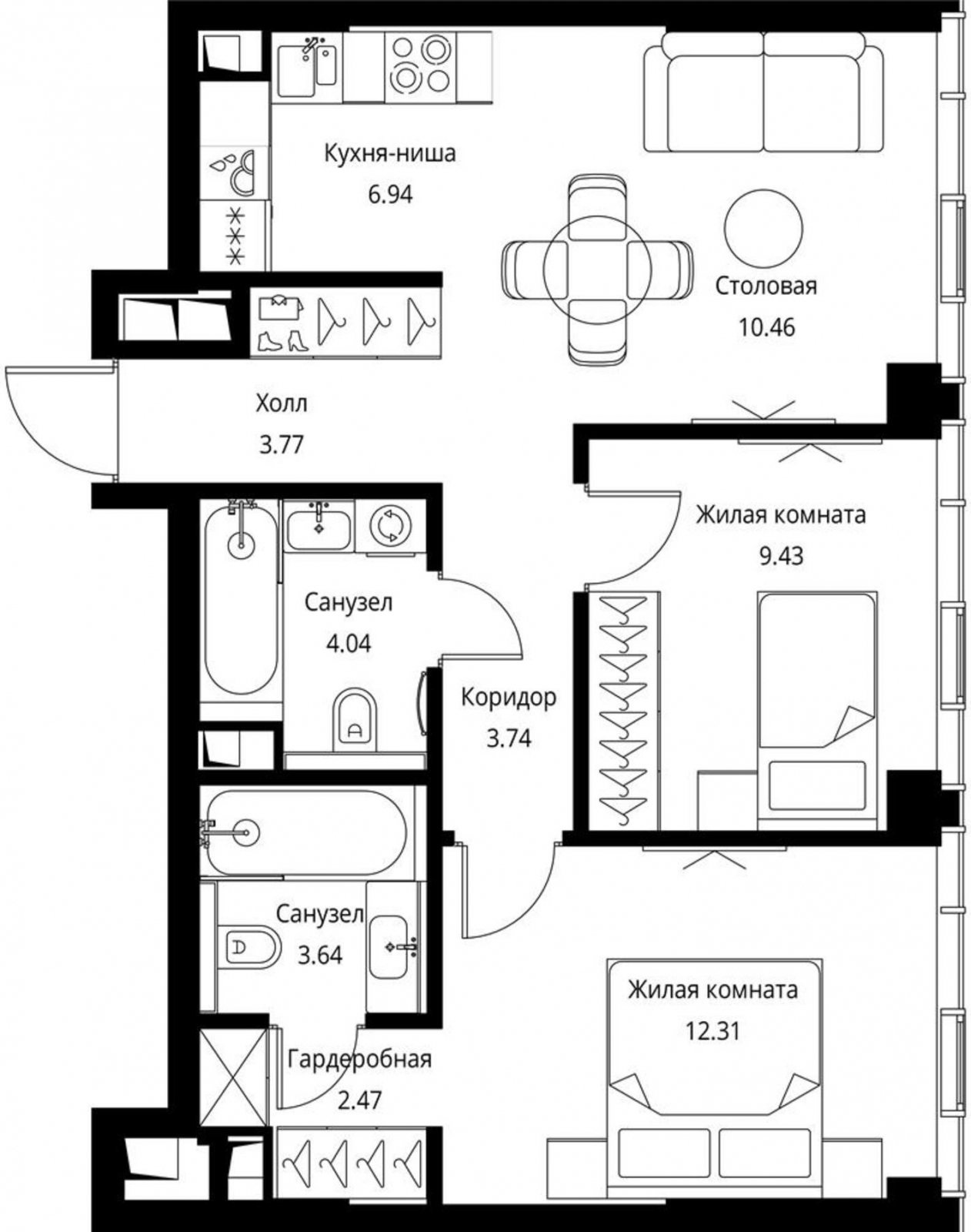 2-комнатная квартира с частичной отделкой, 56.8 м2, 27 этаж, сдача 3 квартал 2026 г., ЖК City Bay, корпус North Ocean 8 - объявление 2240440 - фото №1
